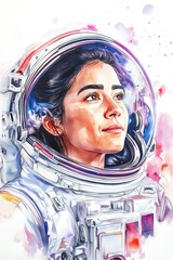 Hand-painted watercolor of a young astronaut girl with a bright smile, gazing at the sky, celestial wonder