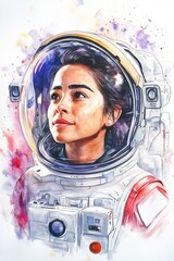 Watercolor painting of a young female astronaut smiling and looking up at the sky, soft and dreamy