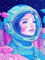 Risograph illustration of a neon blue and pink astronaut girl, surreal style, comic art