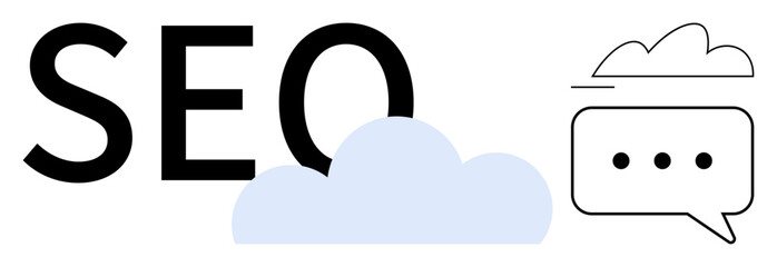 SEO text with cloud graphic and chat bubble with ellipsis. Ideal for marketing, digital strategy, optimization, analytics, communication, content creation, flat simple metaphor