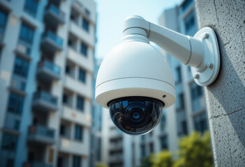 Modern Security Dome Camera Apartment Building Surveillance Daytime Exterior View Crisp Detail