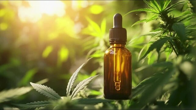Closeup of amber glass dropper bottle tincture on cannabis plant leaves buds in commercial medical marijuana growing greenhouse pot plant botanical texture defocused agriculture background copy space	