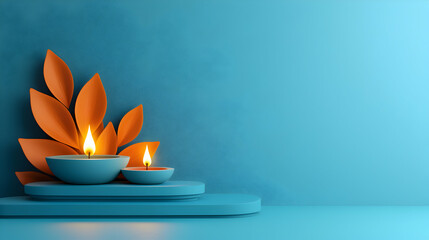 Teal and Orange Candles with Leaves on Blue Textured Background