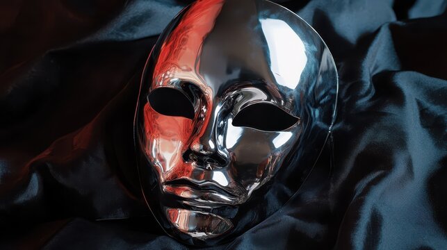A shiny metallic mask with smooth contours and hollow eyes lies elegantly on a black satin fabric. The contrasting textures evoke mystery and anticipation, perfect for a masquerade or costume event