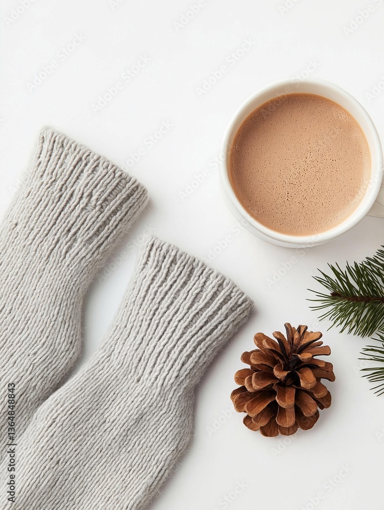 Poster flat lay of a white background with a cup of hot chocolate and a pair of gray knitted socks on the l