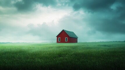 Lonely red house an infinite field of soft meadow grass moody cinematic sky surreal and calming scenery