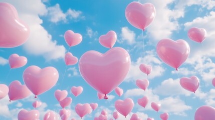 Pink Heart Balloons Floating in a Blue Sky
