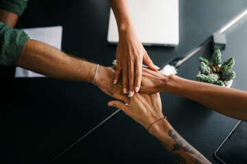 Business teamwork results are motivated by business success victory loyalty unity concept