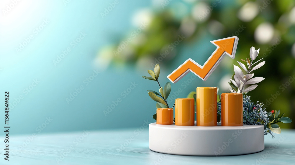 Poster 3D chart icon with colorful bars and upward arrow is surrounded by green foliage, symbolizing growth and success. vibrant scene is set against blurred background