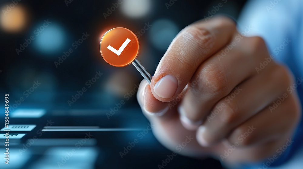 Leinwandbilder hand holding digital checkmark icon, symbolizing approval or completion, against blurred digital int