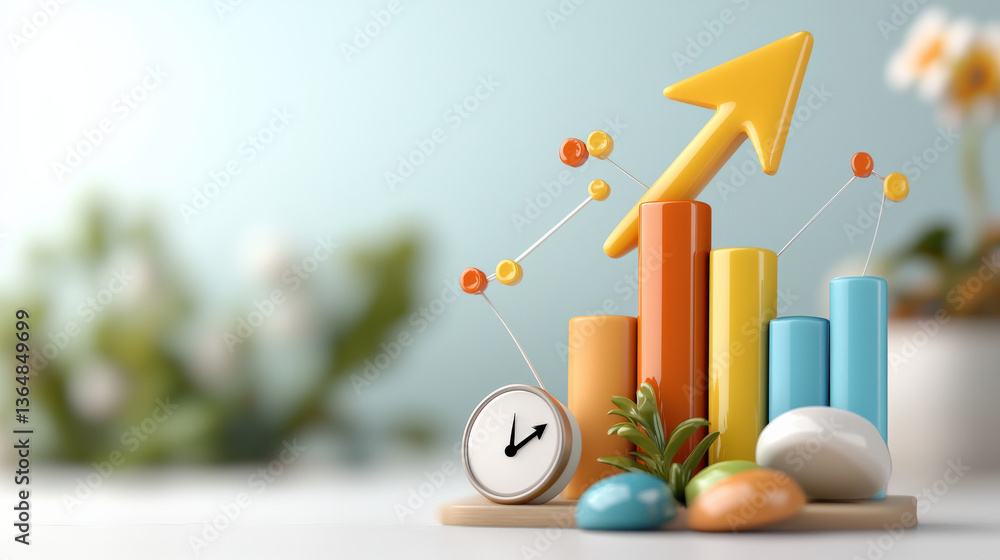 Leinwandbilder colorful 3d chart with upward arrow, vibrant bars, and decorative elements symbolizes growth and suc