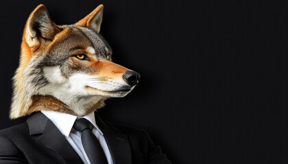 Wolf in Business Suit, Anthropomorphic Animal Portrait with Intense Gaze on Black Background