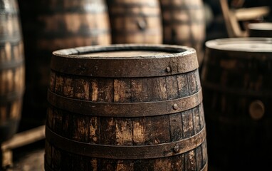 Wooden barrels stacked in a rustic storage area showcasing craftsmanship and aged wood in a distillery