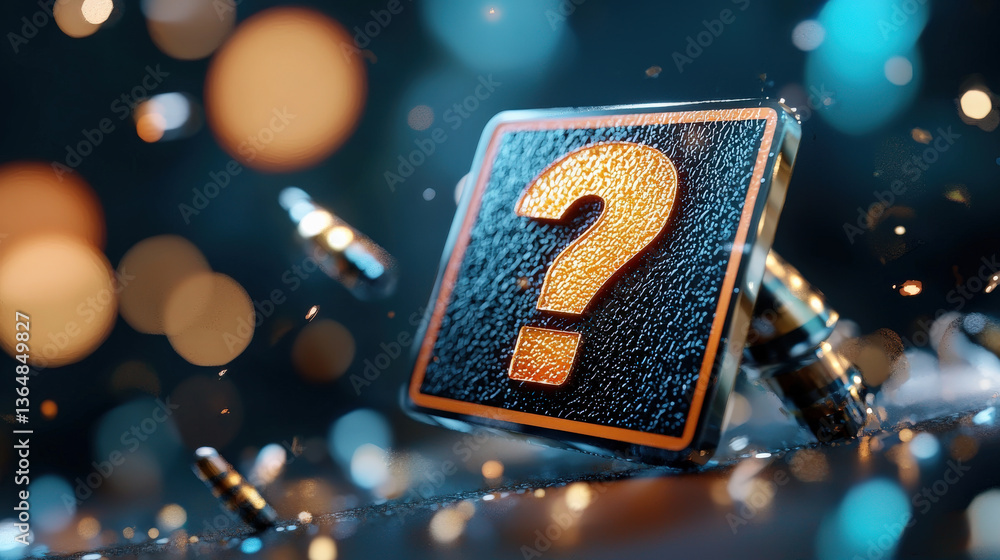 Poster glowing question mark sign with digital effects and textured surface is surrounded by dynamic, blurr