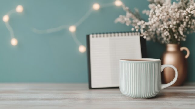 Cozy coffee moment modern home office photography minimalist aesthetic close-up comfort and productivity