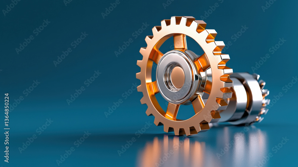 Poster metallic gear with shiny texture is depicted against blue background, showcasing intricate details a