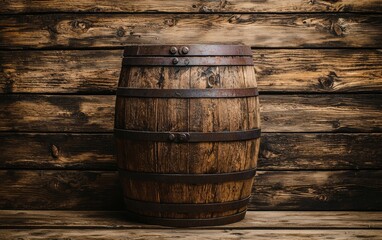 Wooden barrel on a rustic wooden background in an indoor setting