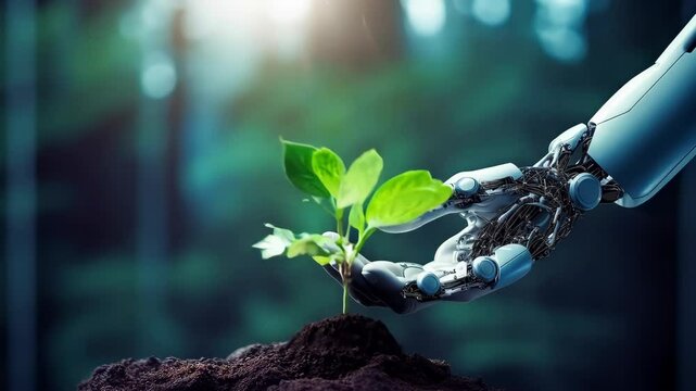 Close up of robot humanoid planting tree seedling in ground in forest. Anti deforestation concept in future. Technology and nature concept. Android and plant in park. Technology for eco.