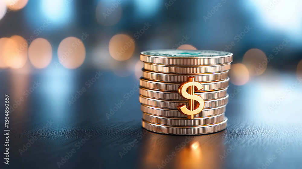 Poster stack of coins with glowing dollar sign symbolizes wealth and financial success, set against blurred background with warm bokeh lights, creating sense of prosperity