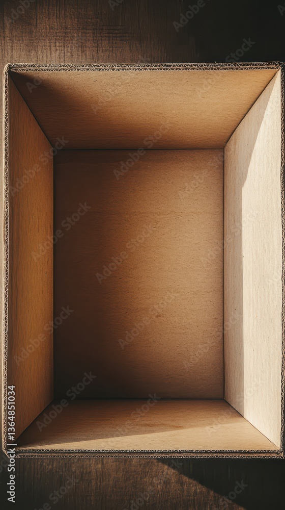 Poster a view inside an empty cardboard box resting on a textured wooden surface. soft sunlight streams in,