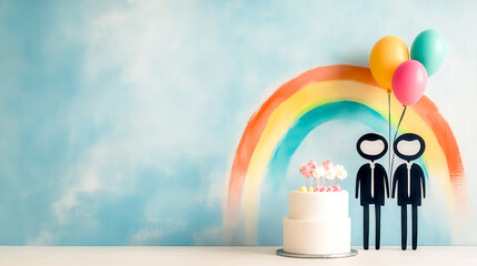 Wedding cake with balloons and couple icon near rainbow on blue background