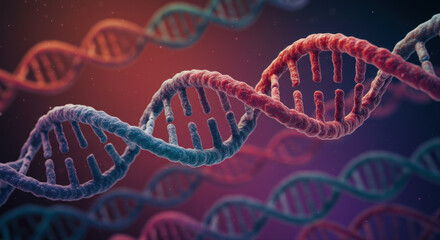 A detailed visualization displays multiple colorful strands of DNA in a double helix.