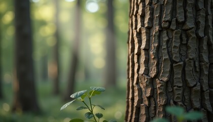 Obraz premium Majestic tree bark with green leaves in a serene forest 
