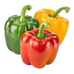 Sweet peppers in red, green, and yellow varieties, isolated against a white background with a full depth of field