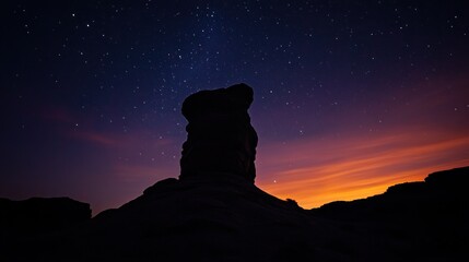 Silhouette of rock formation under a starlit sky