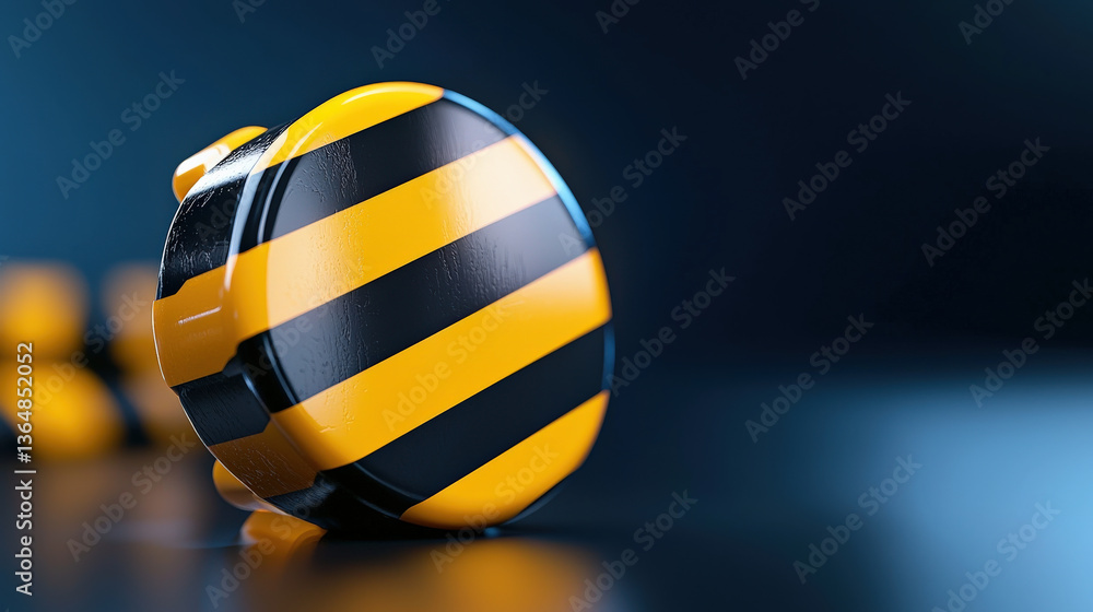 Leinwandbilder 3D rendered object with bold yellow and black stripes, resembling warning sign, is set against dark background. glossy surface and glowing effect create striking visual