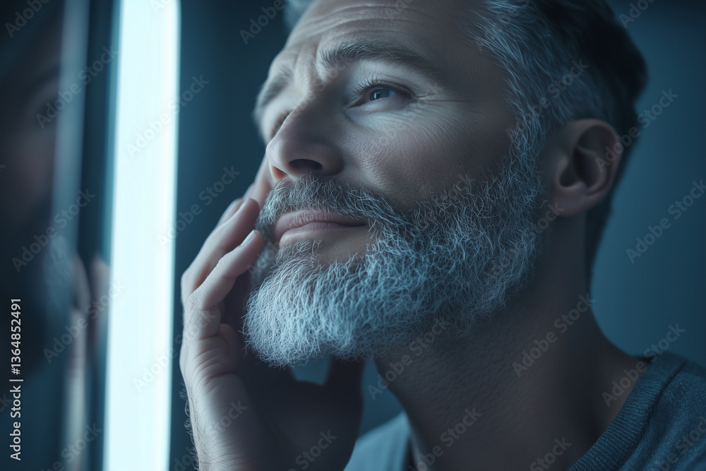 Poster man with a beard is looking at himself in a mirror. he is in a contemplative mood