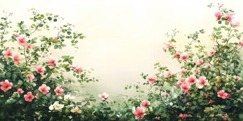 Floral Watercolor Background, Pastel Pink and Light Green, Detailed Border, Floral Design Element