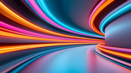 Abstract Neon Tunnel with Glowing Lights and Swirling Curves