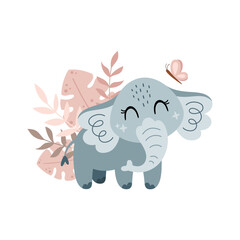 Cute elephant and jungle plants. Baby animal concept illustration for nursery, poster, postcard, wall art, character for children