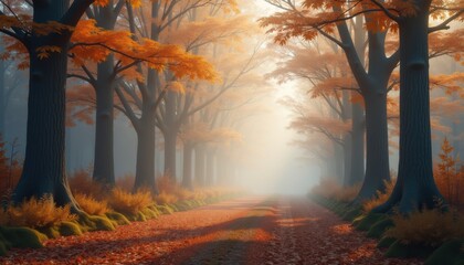 Autumn forest path with mist and colorful leaves  
