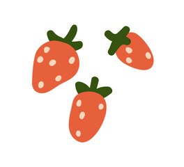 Strawberries, sweet red berries with green leaf. Garden fruits, healthy natural summer vitamin snack, organic food. Flat graphic vector illustration isolated on white background