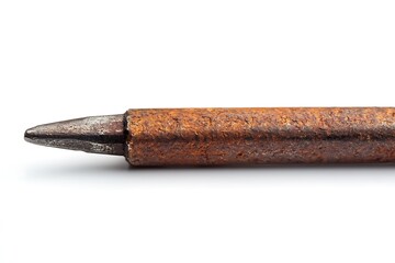 Closeup of rusty metal spike with pointed tip, weathered industrial tool, corrosion detail, aged iron object