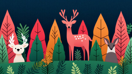 Fototapeta premium Colorful illustration of deer in forest setting promoting net zero awareness