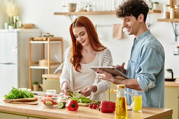 Cooking together brings joy to young couple in their cozy home kitchen