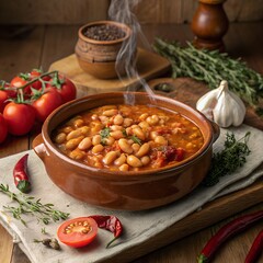 Bean Stew with Fresh Tomatoes and Herbs, a warm and hearty bean stew made with fresh tomatoes, garlic, and herbs, simmering to perfection in a clay pot, ideal for a comforting meal