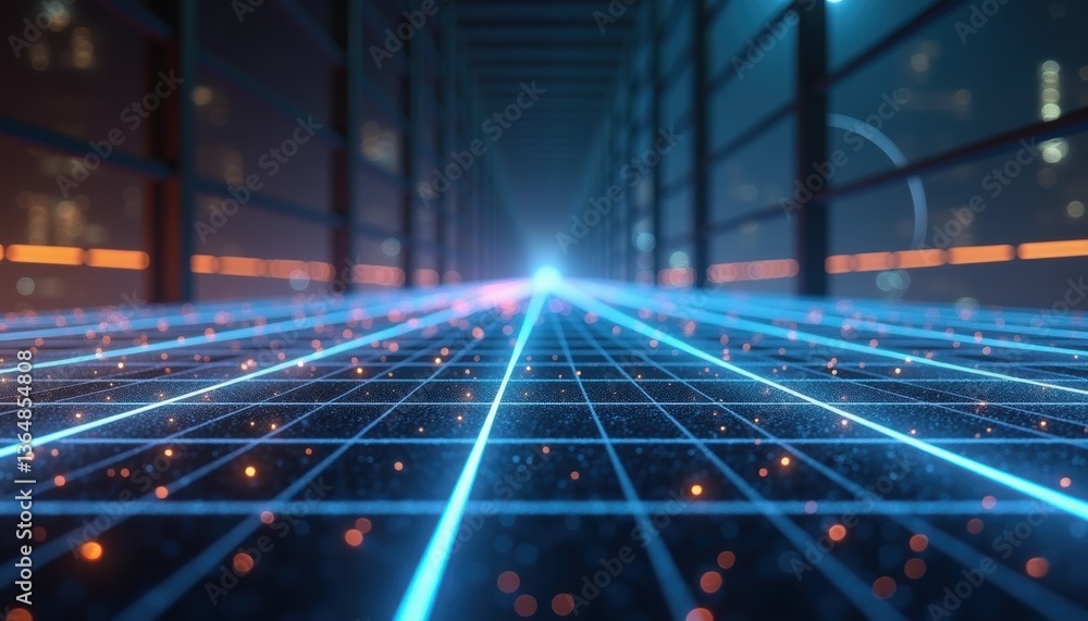 Poster Digital grid with glowing lines in a futuristic environment  