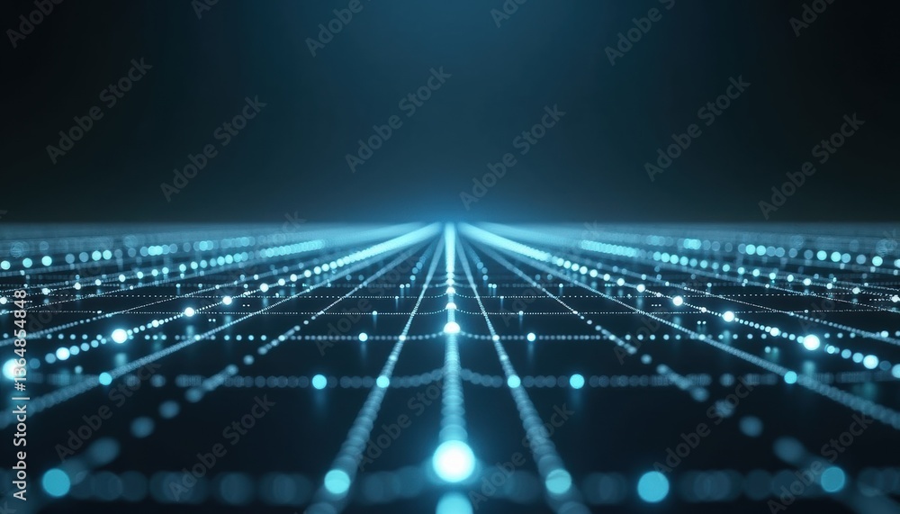 Poster Digital abstract grid with glowing lines and dots against black background  