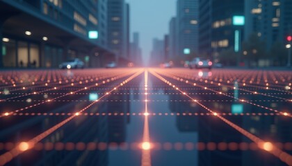 Obraz premium Futuristic cityscape grid illuminated at dusk 