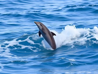 Amazing Dolphin Leaping Out of Ocean Waves Marine Life, Wildlife Photography, Aquatic Mammal, Blue Sea.