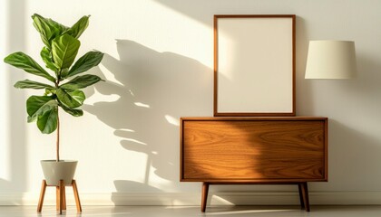 Interior with a plant, frame, and sideboard bathed in sunlight, creating a warm and inviting atmosphere