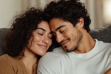 Obraz premium Young couple embracing on couch with eyes closed. romantic intimacy