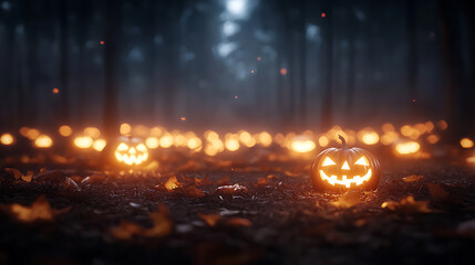 Halloween pumpkin display in spooky forest nighttime scene atmospheric mood enchanted environment