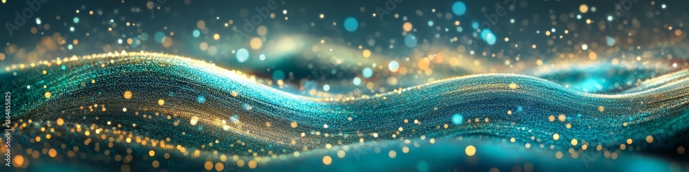 Poster dynamic waves of light flowing glitter and bokeh shapes on a jade and cerulean background