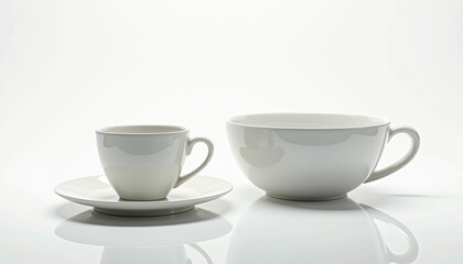 White ceramic cups and bowl arranged elegantly on a clean surface  