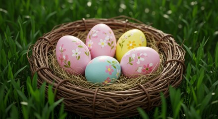 Pastel Easter Eggs in a Bird Nest on Grass Spring Holiday Decoration